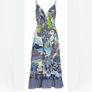 NWT Farm Rio Graphic Rio Printed Tiered Midi Dress with a swing silhouette. S.